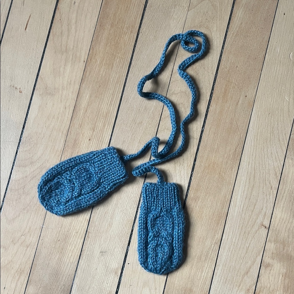 Hand Knit Blue Mittens on a String Baby